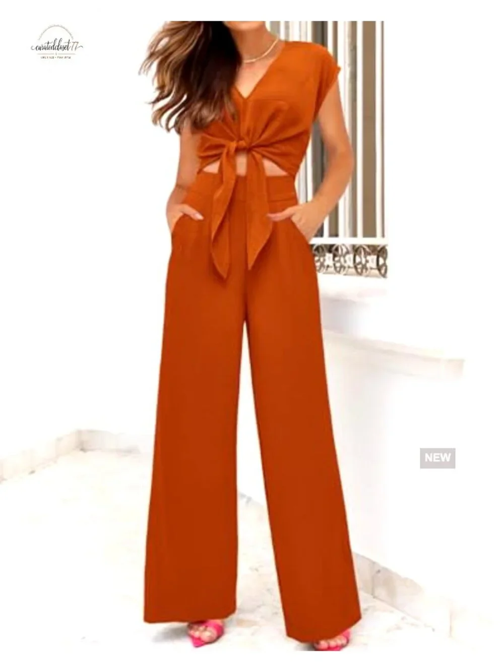 Women's 2 Piece Pant Set V Neck Crop Top Wide Leg Palazzo Pants - Picture 6 of 7